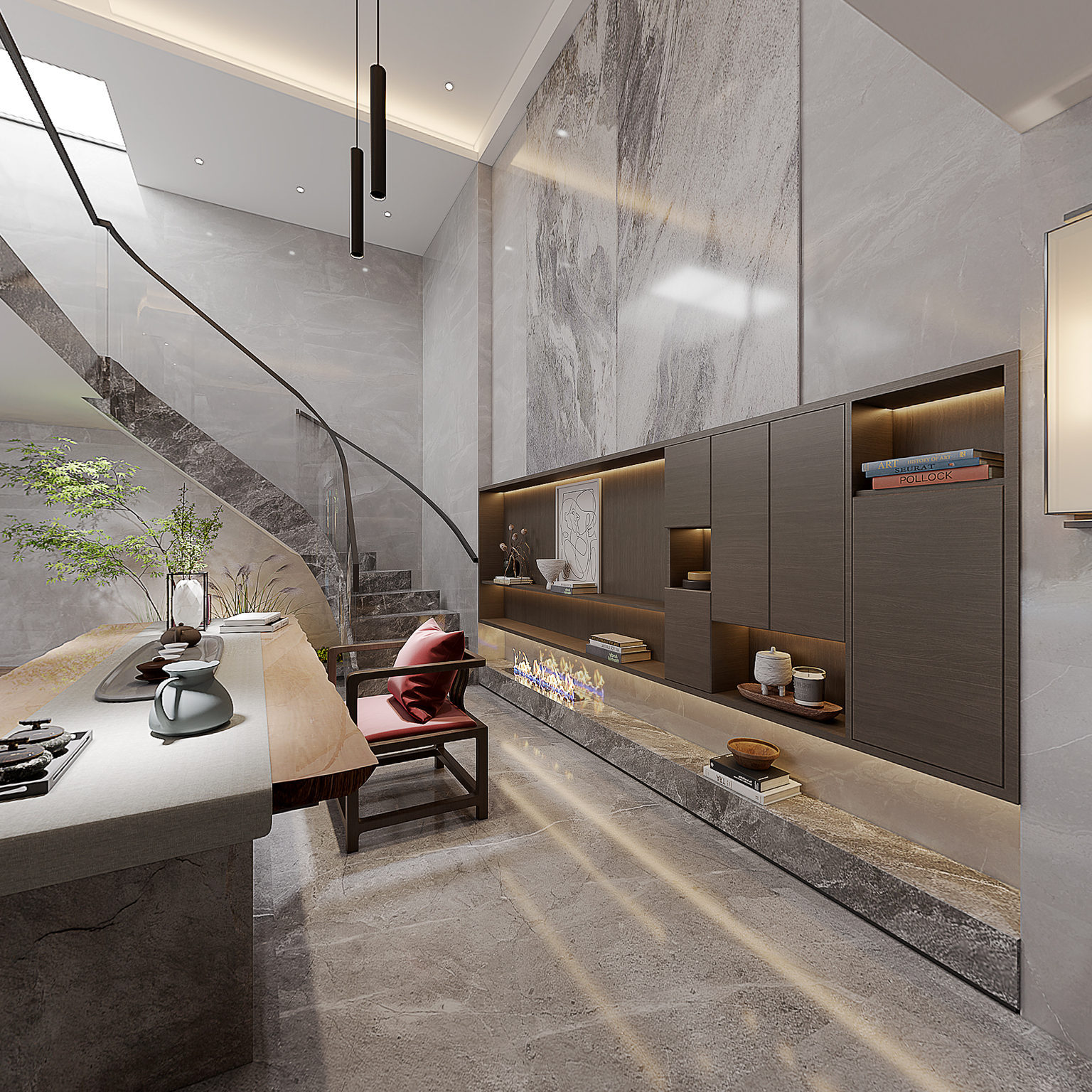 全景现代别墅地下室 茶桌 装饰柜 电梯