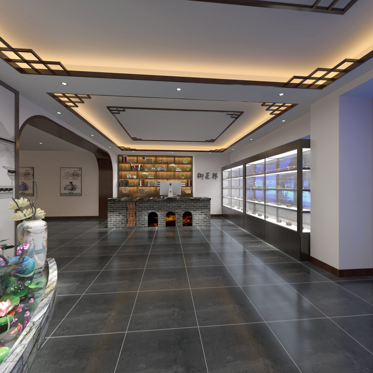 全景新中式博物馆 展厅 青花瓷 瓶罐