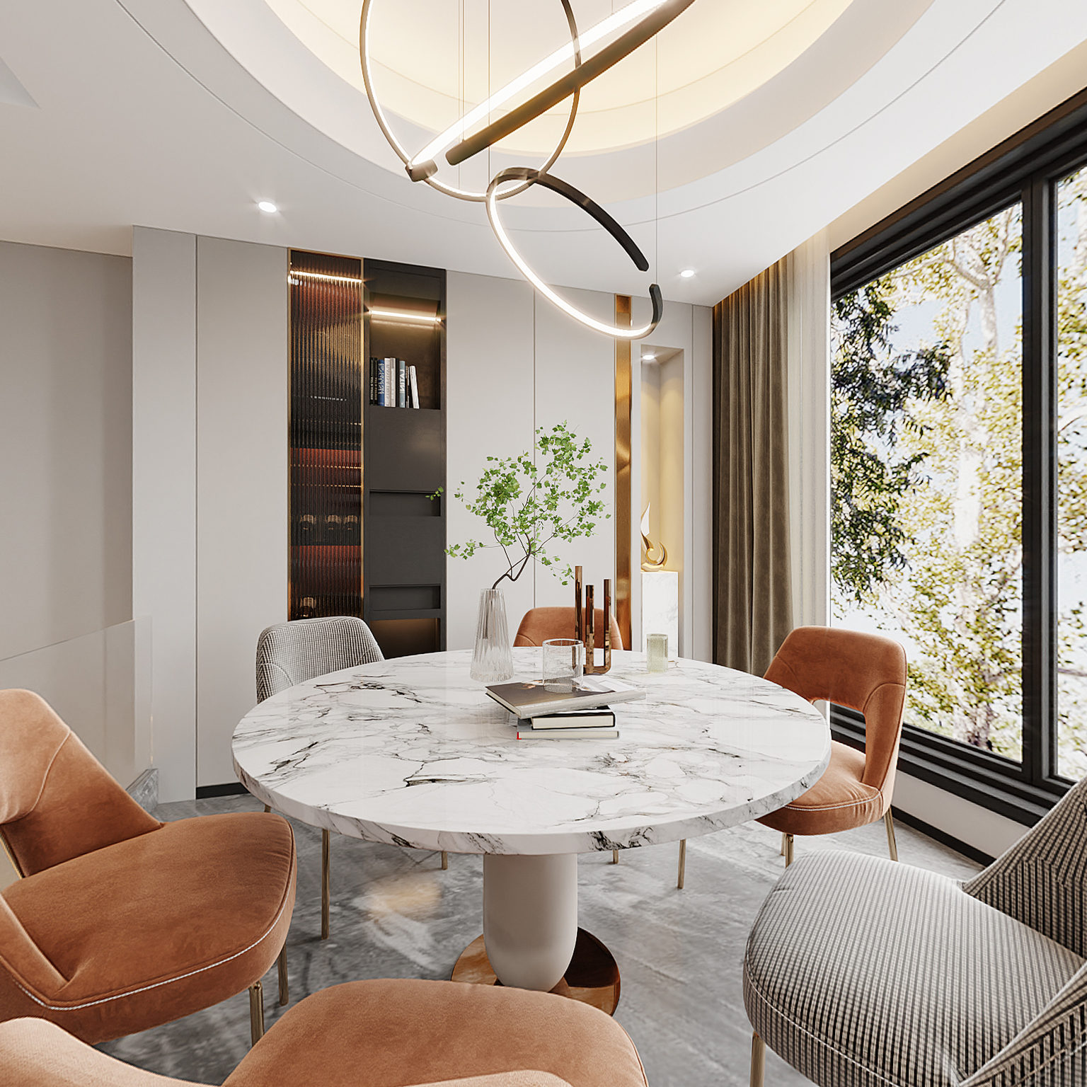 全景现代餐厅 厨房 酒柜 吧台 电梯