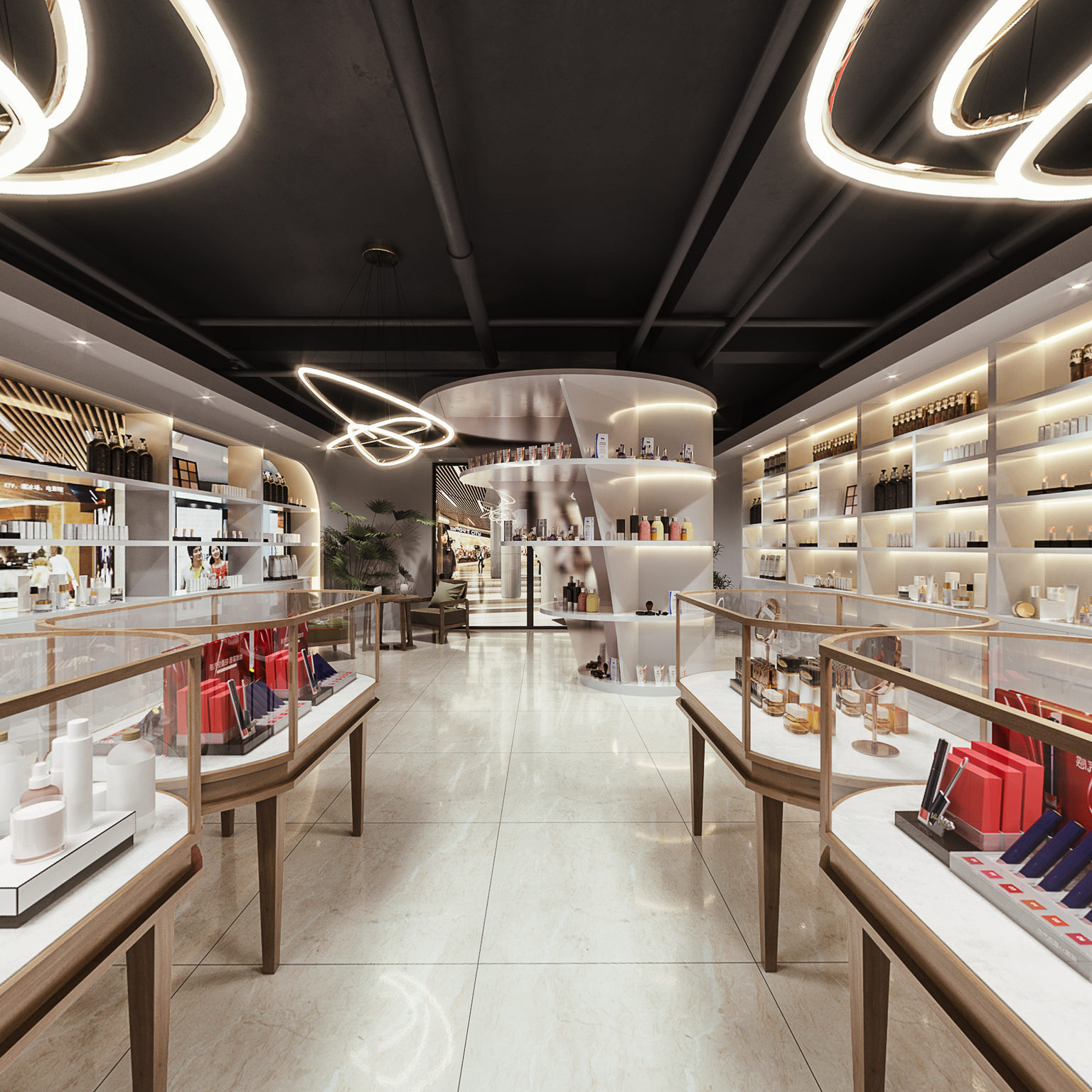 全景现代化妆品店 珠宝店 商品柜 展柜 绿植摆件 休闲椅 服务台