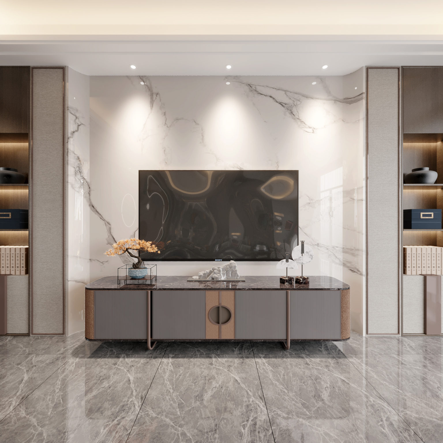 全景新中式客餐厅 楼梯 电梯 窗帘