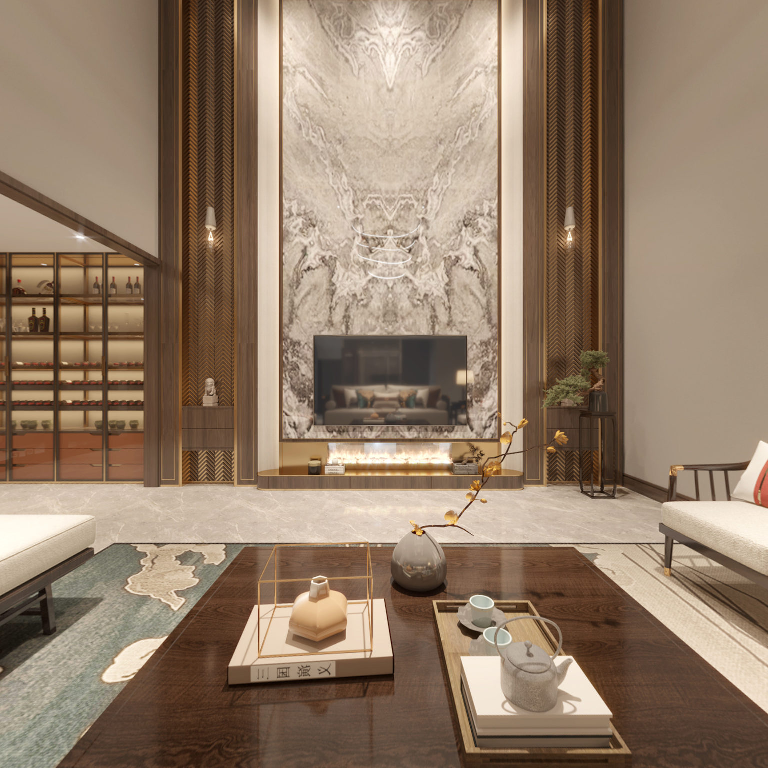 全景新中式别墅客厅 酒柜 电梯 楼梯 墙饰