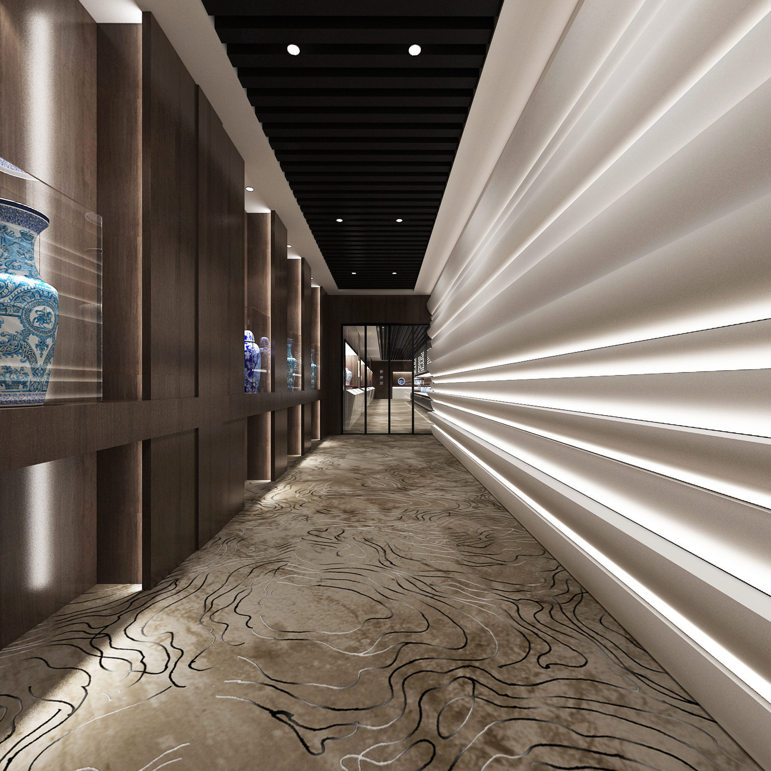 全景新中式古董博物馆前厅