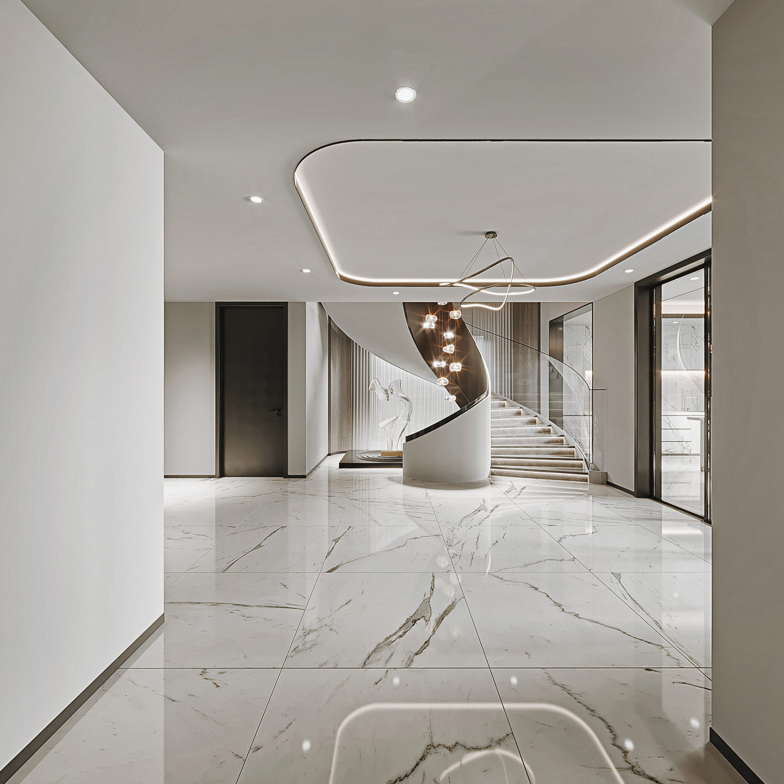 全景现代地下室休闲娱乐区 旋转楼梯厅 观光电梯 桌球 钢琴 健身器材 吊灯