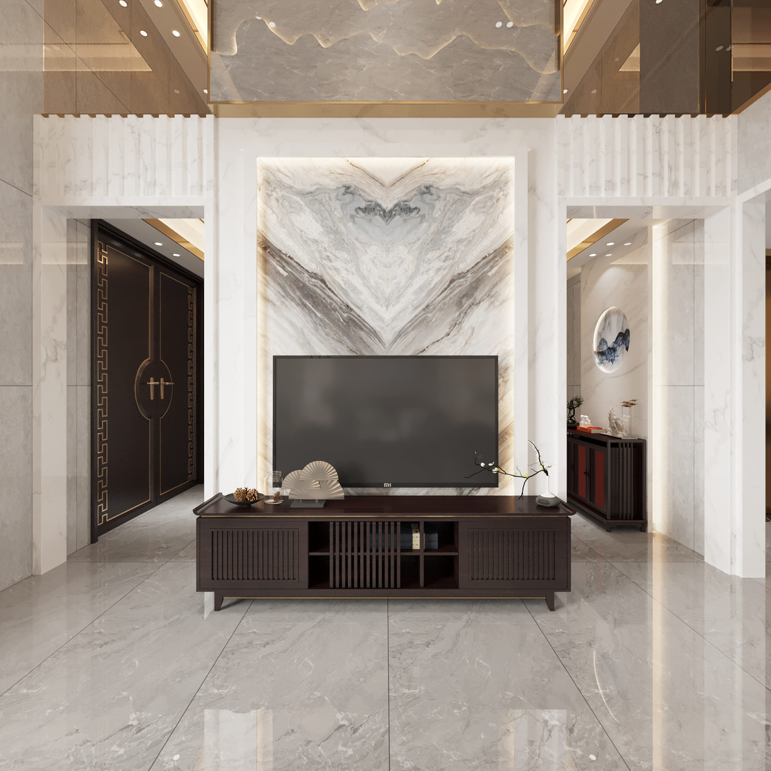 全景新中式客餐厅 红木家具 餐桌 沙发茶几 摆件 电梯 挑空客厅 山水画