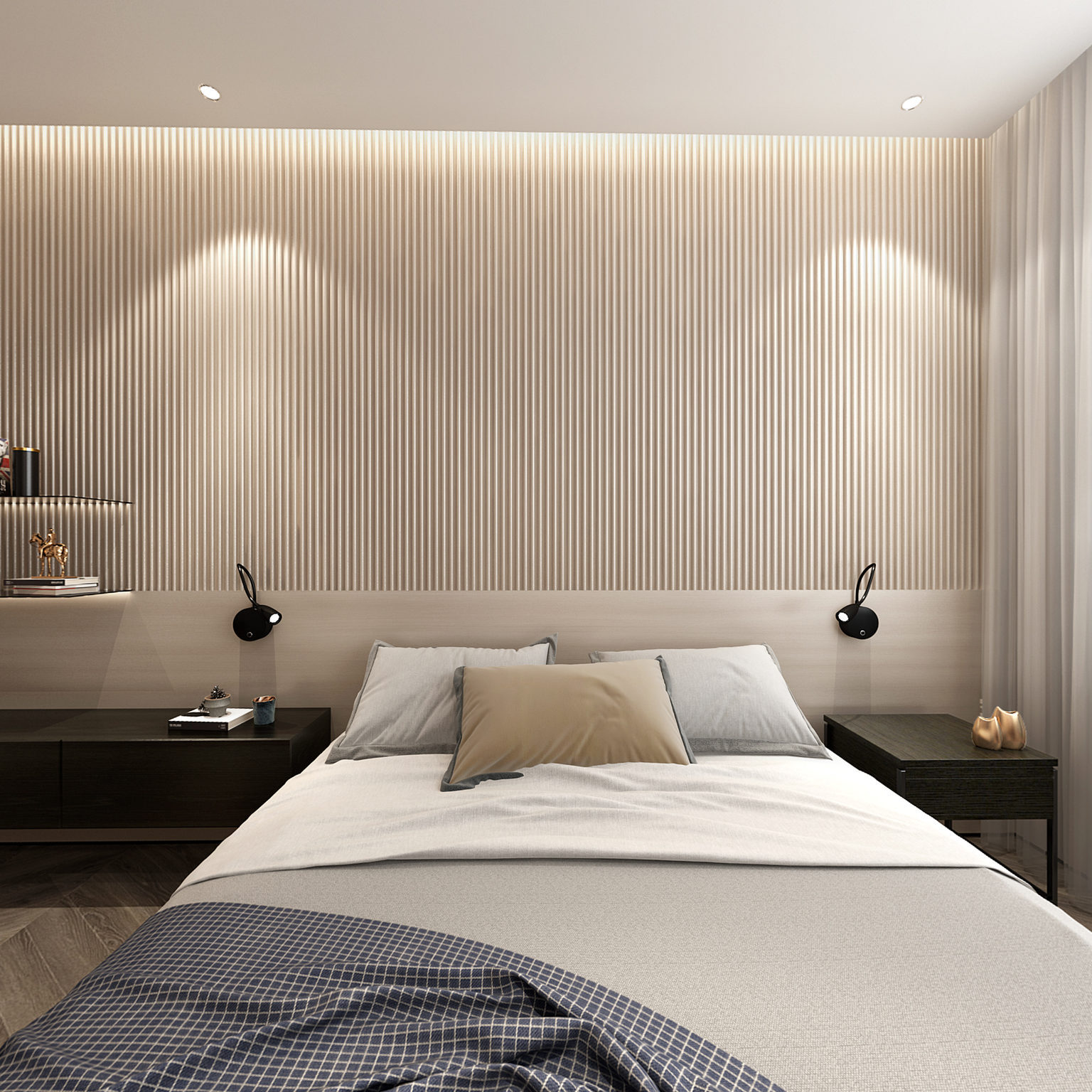 全景现代原木主人房 卧室