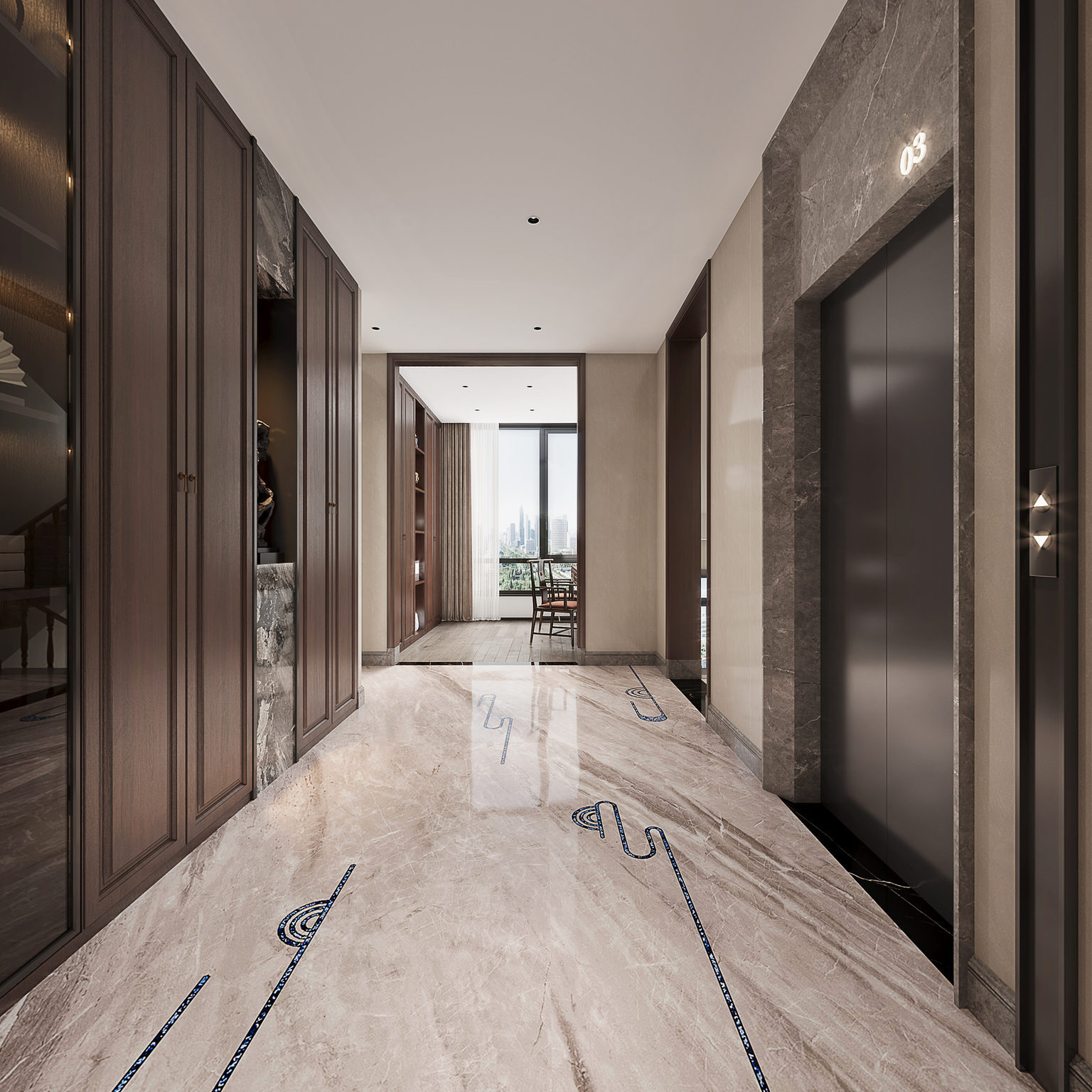 全景新中式别墅过厅 电梯