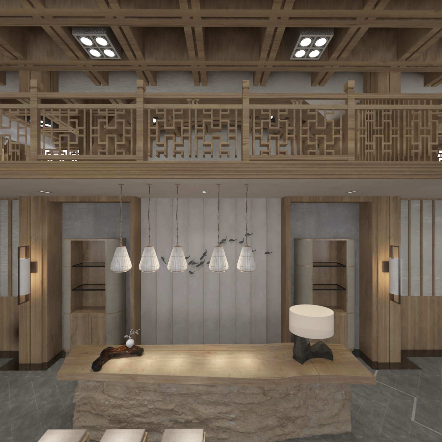 全景新中式酒店大堂3D全景模型