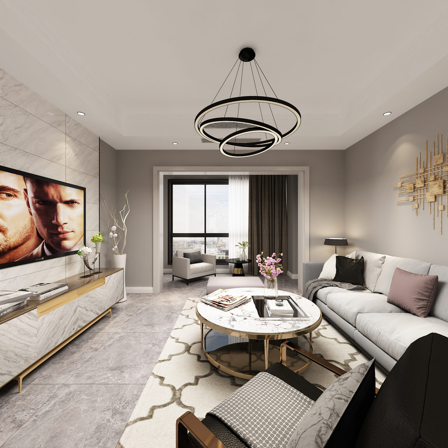 全景现代客餐厅3D全景模型   沙发茶几   餐桌椅  边几装饰柜  挂画  单椅挂件饰品   吊灯