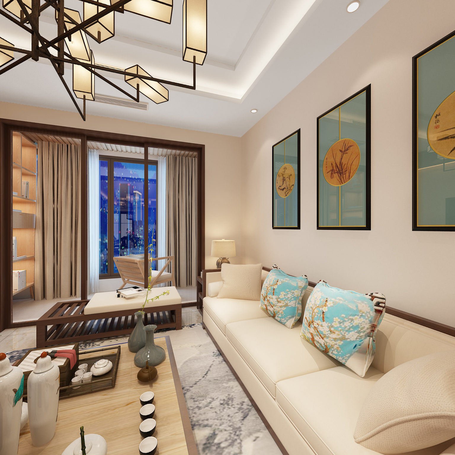 全景中式客厅3D全景模型 沙发茶几