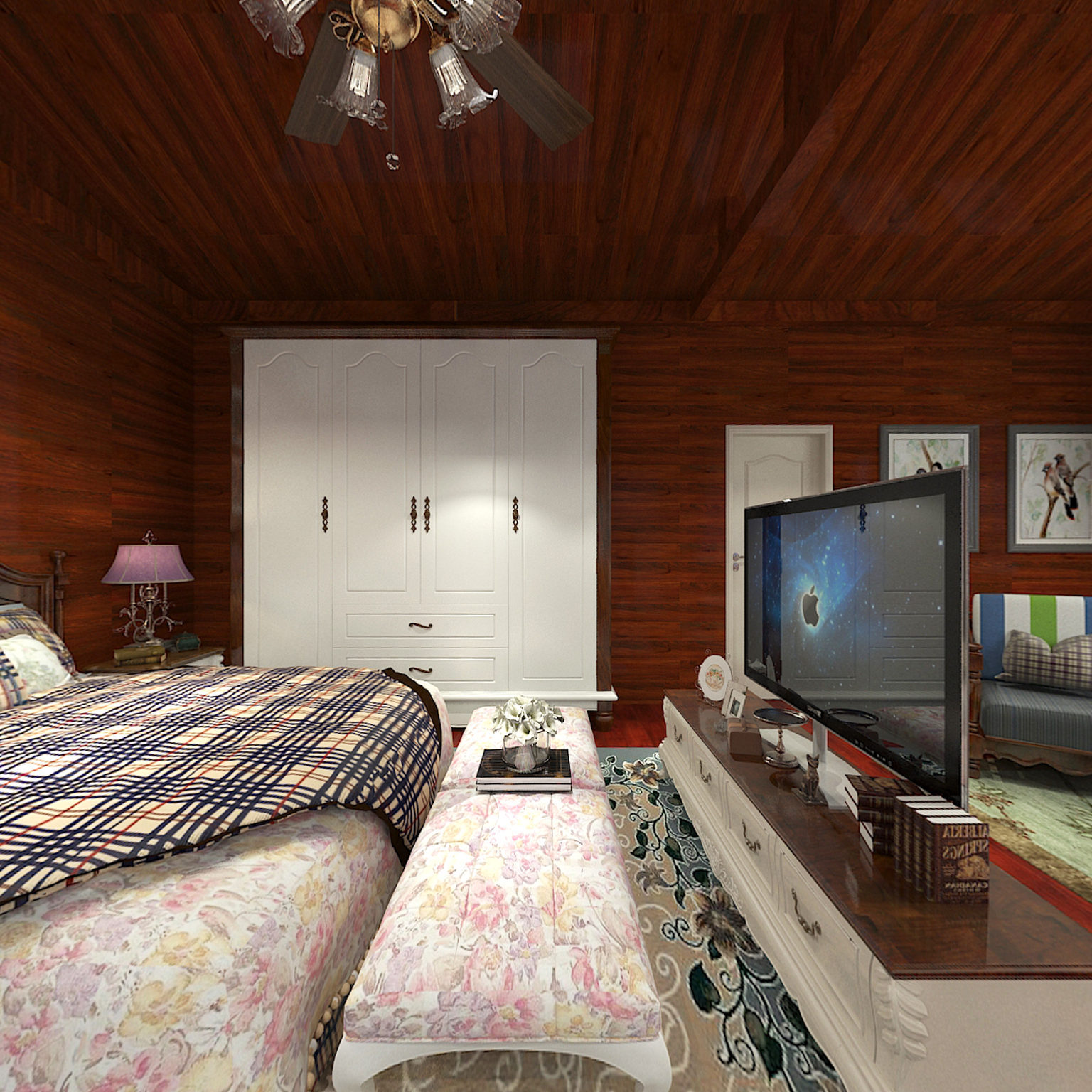 全景现代酒店大床房3D全景模型