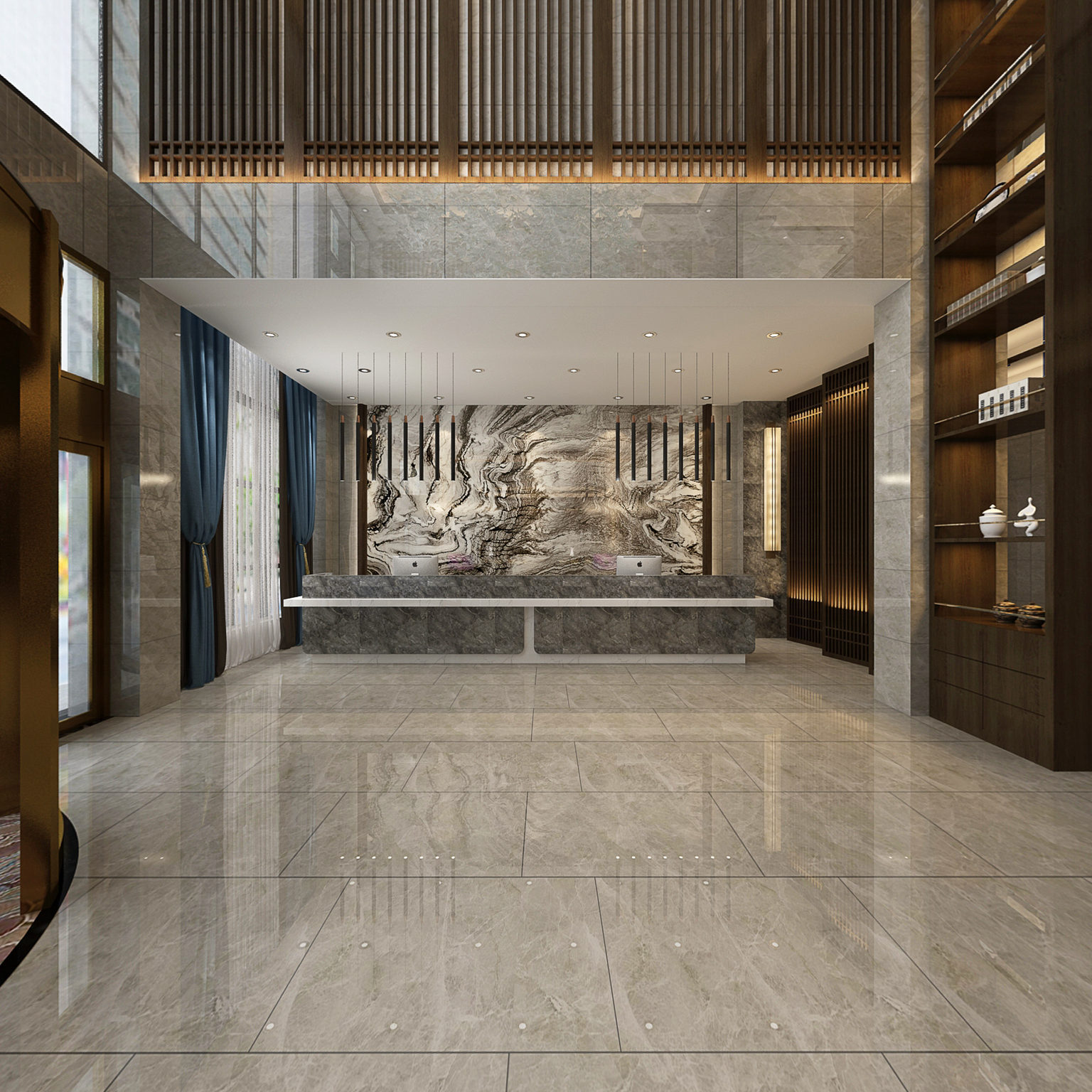 全景新中式酒店大厅3D全景模型