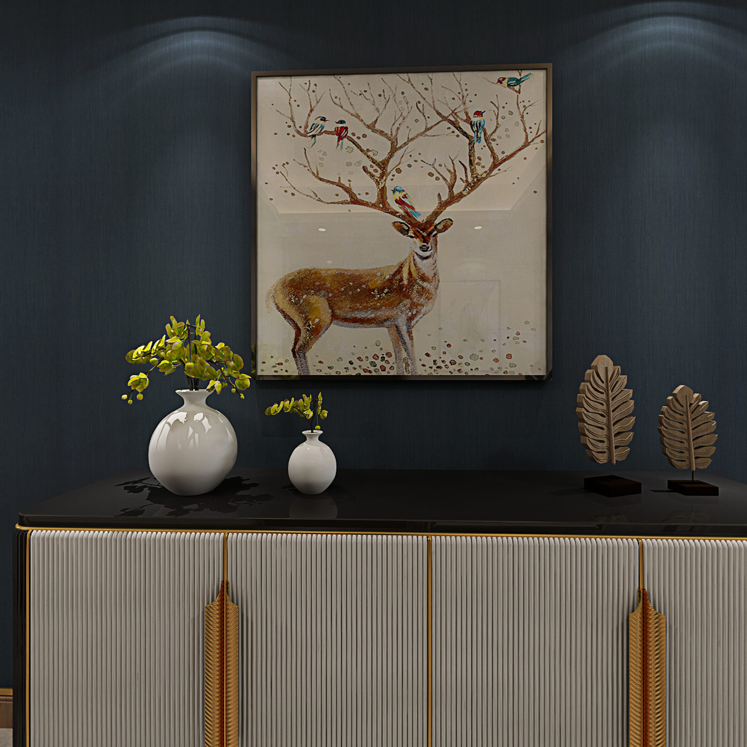 全景现代港式客餐厅 沙发 茶几 吊灯 电视柜 挂画 边柜 餐桌椅