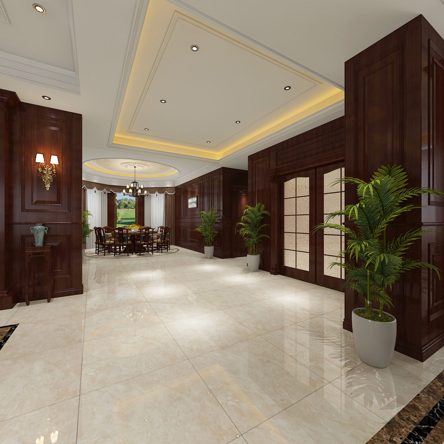 全景客餐厅 餐厅 客厅 沙发 餐桌 墙饰 电视柜3D全景模型