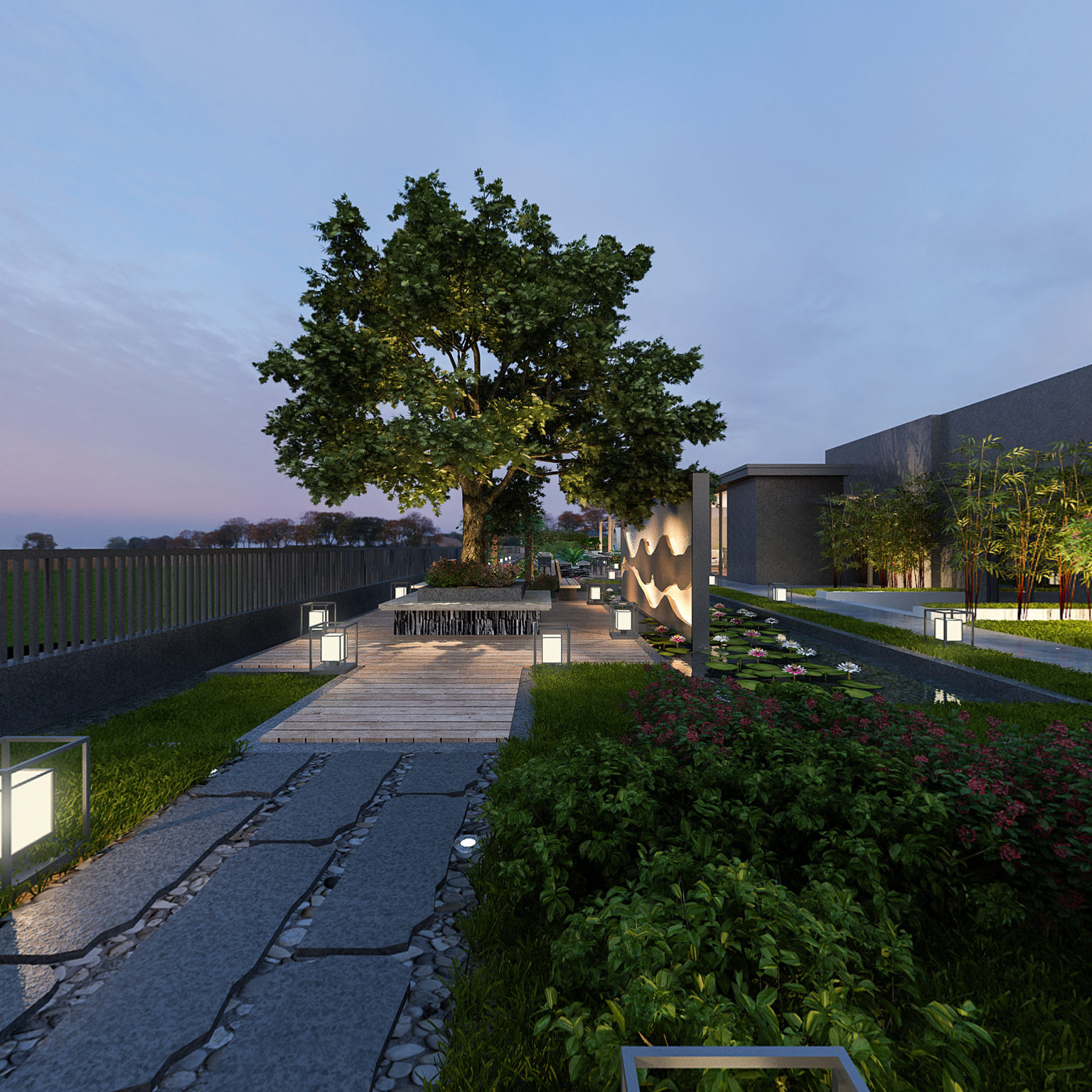 全景中式屋顶花园3D全景模型  中式园林   室外   建筑  屋顶