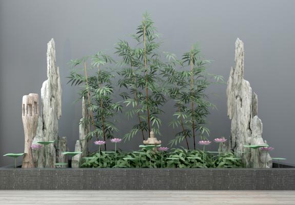 现代园林小品 园艺小品 小品 园林 假山 荷花 石头 水 植物 地灯