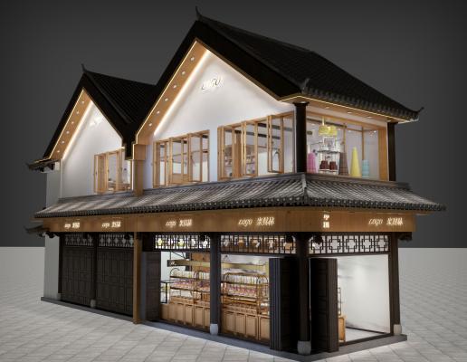 新中式面包店 古城建筑外观 原木色简约 创意蛋糕柜